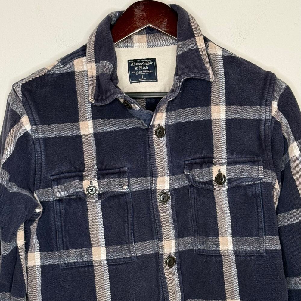 Abercrombie & Fitch Plaid Flannel Shirt Jacket Navy Cotton Sz Small Grunge Cozy - Picture 7 of 11